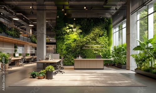 An eco-friendly office interior designed with biophilic elements, featuring a spacious open-plan workspace with living walls, natural light, and recycled furniture
