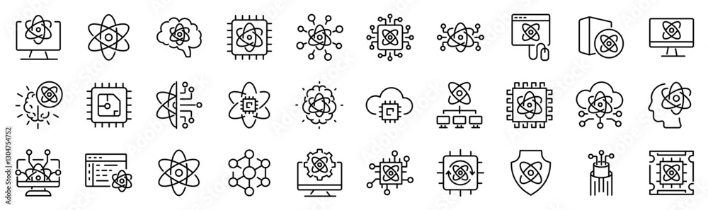 Set of 30 outline icons related to quantum computing. Linear icon collection. Editable stroke. Vector illustration