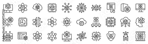 Set of 30 outline icons related to quantum computing. Linear icon collection. Editable stroke. Vector illustration