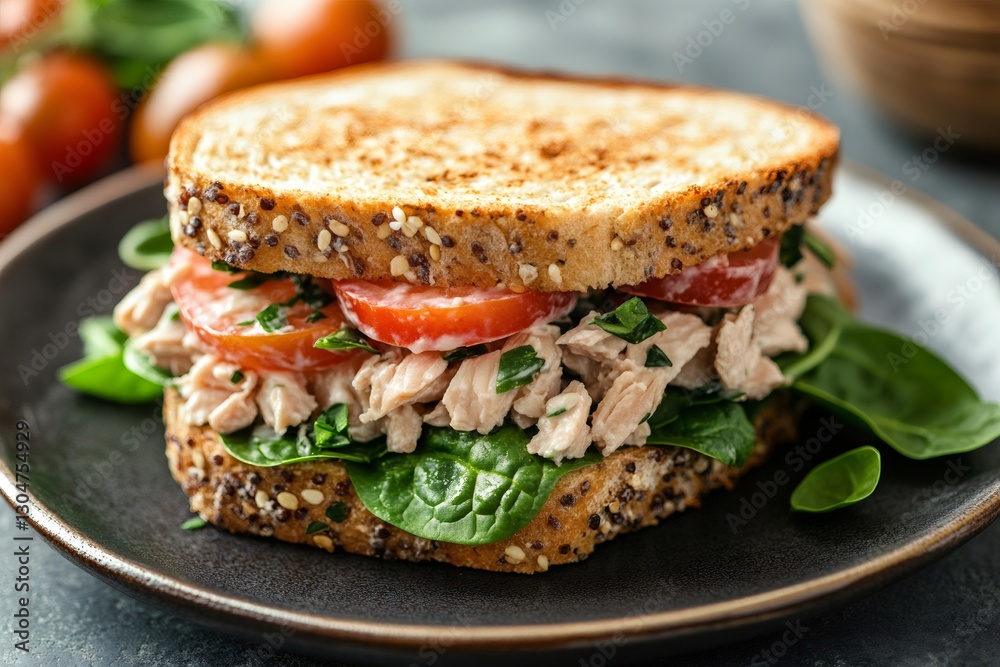 Toasted multigrain bread tuna sandwich with spinach and tomato on a plate Toasted multigrain bread tuna sandwich with spinach and tomato on a plate