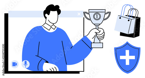 Man holding a trophy while participating in a virtual meeting, surrounded by shopping bags and a healthcare shield. Ideal for success, e-commerce, virtual events, online meetings, achievements
