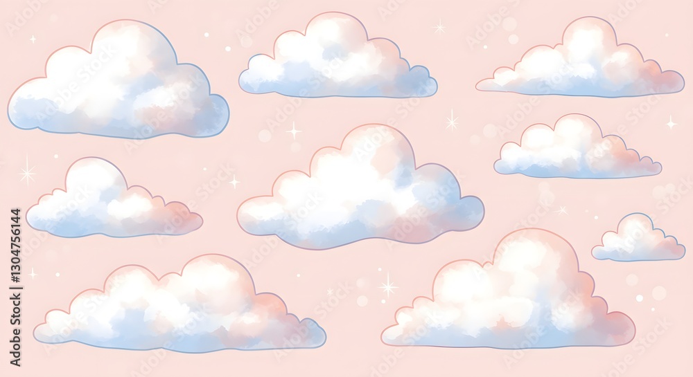 Cartoon Clouds Pattern Illustration with Pastel Colors and Starry Background Cartoon Clouds Pattern Illustration with Pastel Colors and Starry Background