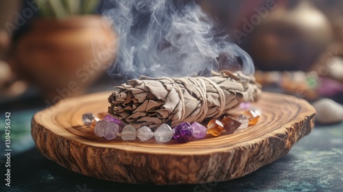 Walpurgis Night. Healing ritual with sage smudge stick and crystals for spiritual cleansing