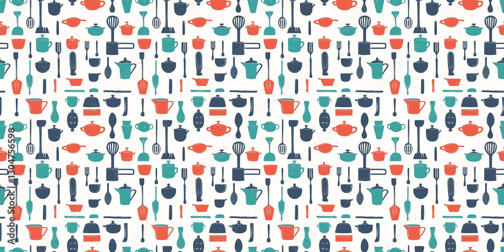 Fototapeta premium Colorful seamless cooking pattern with kitchen utensils and cookware illustrations. pattern cook