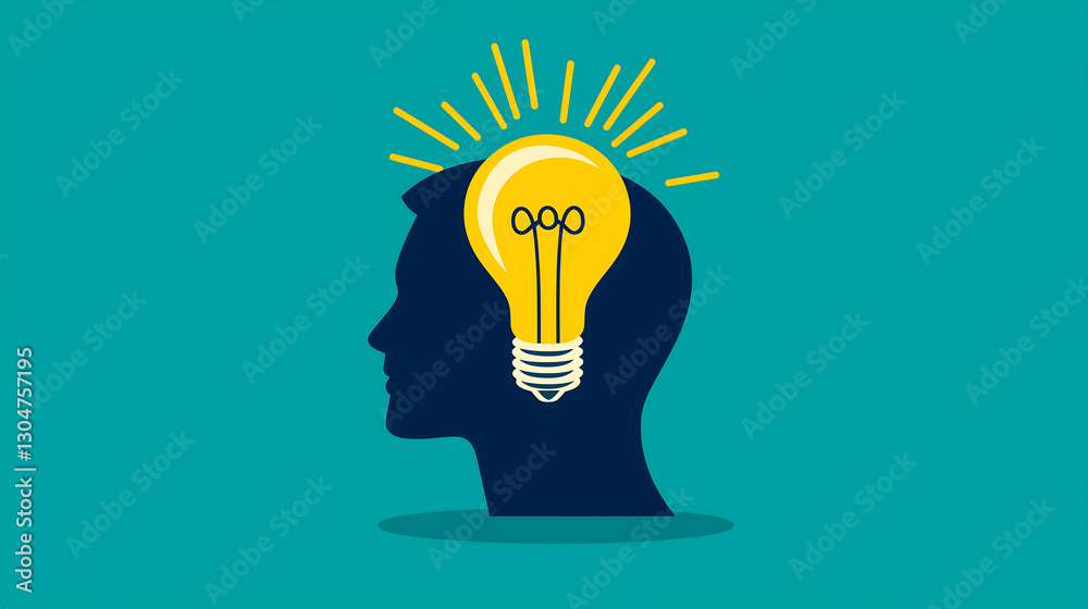 Teal Background Brain Silhouette with Yellow Lightbulb Creativity Innovation Thinking Intelligence Design