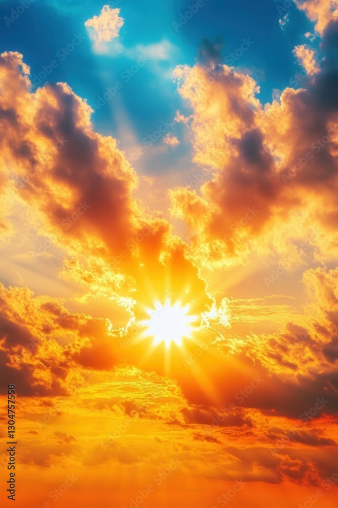 Obraz premium Radiant sunset sky with golden clouds and brilliant sun rays creating a warm and vibrant atmospheric scene perfect for backgrounds and inspirational themes