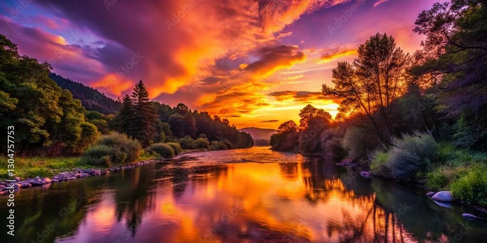 Obraz premium Silhouette of Trees & River at Sunset, Cilento National Park, Italy