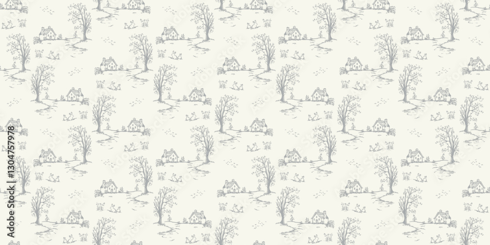 Elegant vintage-style seamless pattern featuring hand-drawn country cottages, trees, rabbits, and rolling landscapes in soft gray on a cream background. Horizontal Easter banner