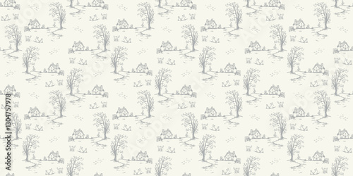 Elegant vintage-style seamless pattern featuring hand-drawn country cottages, trees, rabbits, and rolling landscapes in soft gray on a cream background. Horizontal Easter banner