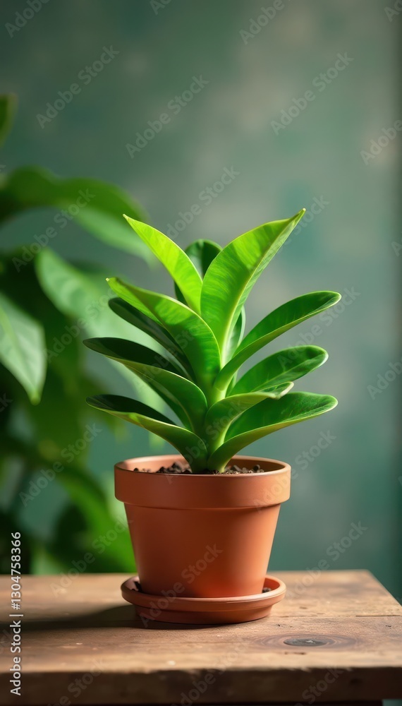 Fototapeta premium Green plant in terracotta pot on rustic wood table, view, summer