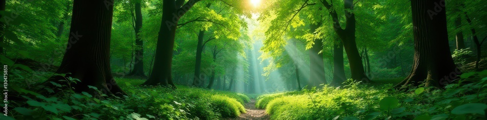 Fototapeta premium Lush green canopy in deep woods, sunlight dappled , outdoor, summer, plant