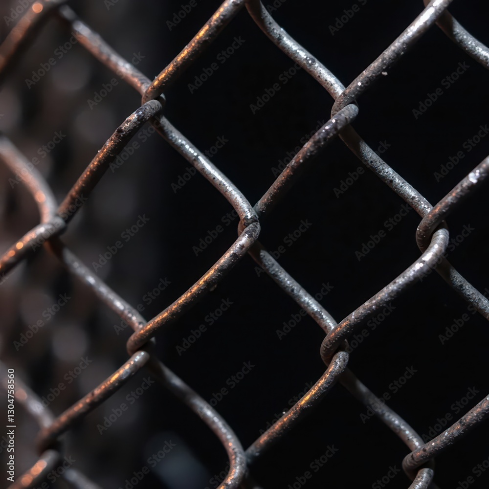 Fototapeta premium Intricate metal fence detail, sharp focus, black background, mesh, strong
