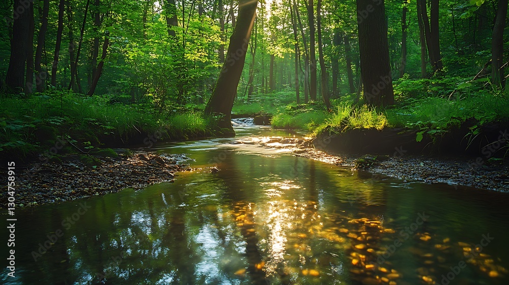 Fototapeta premium Sunlit stream flowing through lush green forest.