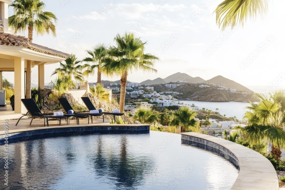 Fototapeta premium Luxurious seaside villa with infinity pool overlooking palm-lined hills