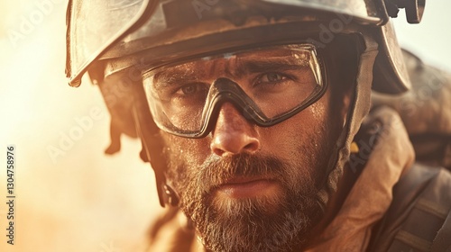 A soldier in full protective gear faces the camera with determination while surrounded by a rugged landscape at sunset, embodying strength and resilience photo