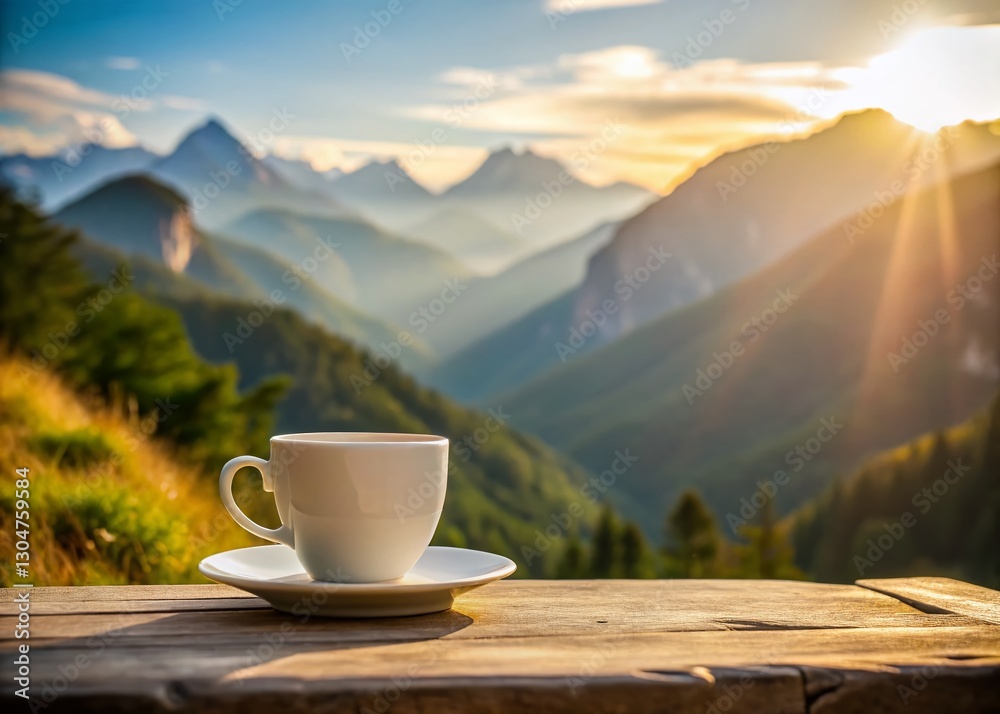 Simple White Coffee Cup on Scenic Mountain Landscape Background - Stock Photo Simple White Coffee Cup on Scenic Mountain Landscape Background - Stock Photo
