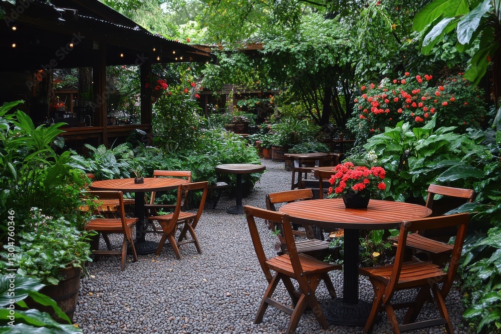 Charming outdoor café with lush greenery, red flowers, and inviting rustic ambiance Charming outdoor café with lush greenery, red flowers, and inviting rustic ambiance