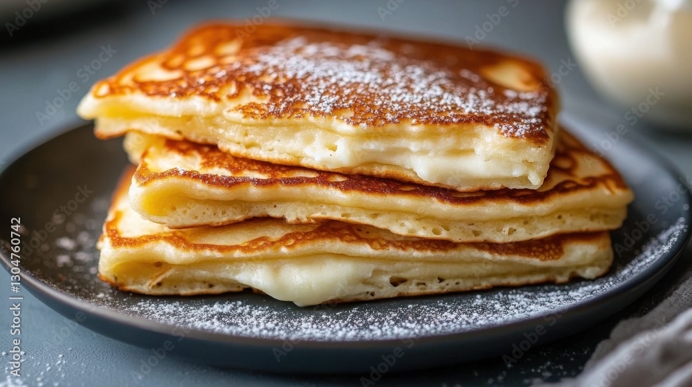 Stack of fluffy pancakes with powdered sugar on a plate. National Pancake Week Stack of fluffy pancakes with powdered sugar on a plate. National Pancake Week