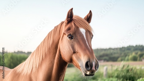 Majestic horse with glossy mane stands gracefully against lush b