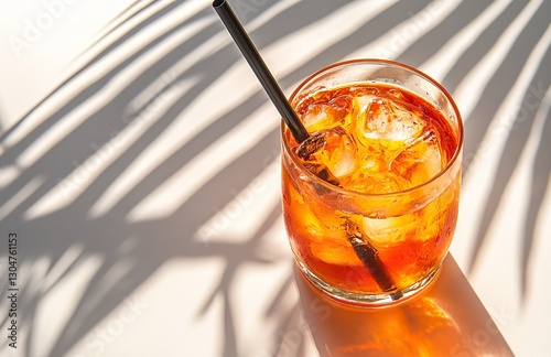  Aperol spritz cocktail with ice and black straw, minimalist style on white background with palm leaf shadows. Tropical drink photography for summer bars. 