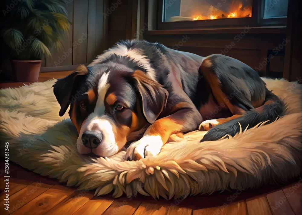 Obraz premium Sleeping Greater Swiss Mountain Dog, Cozy Home Interior, Low Light Photography