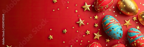  Red background with golden stars and Easter eggs, 3D rendering for Chinese New Year banners or festive sales promotions.  
