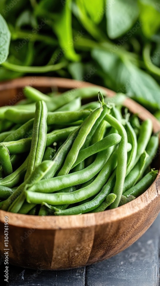 Fresh green beans in wooden bowl with leafy background Fresh green beans in wooden bowl with leafy background