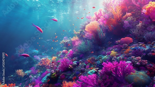 Vibrant coral reef teeming with colorful fish and diverse marine life under sunlit ocean water.
