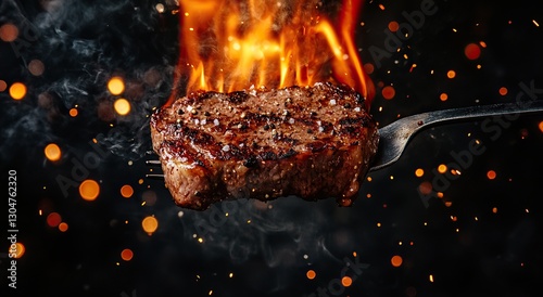 Sizzling meat on fork with fire sparks against black background. Dynamic grilling photography for barbecue menus or bold food campaigns