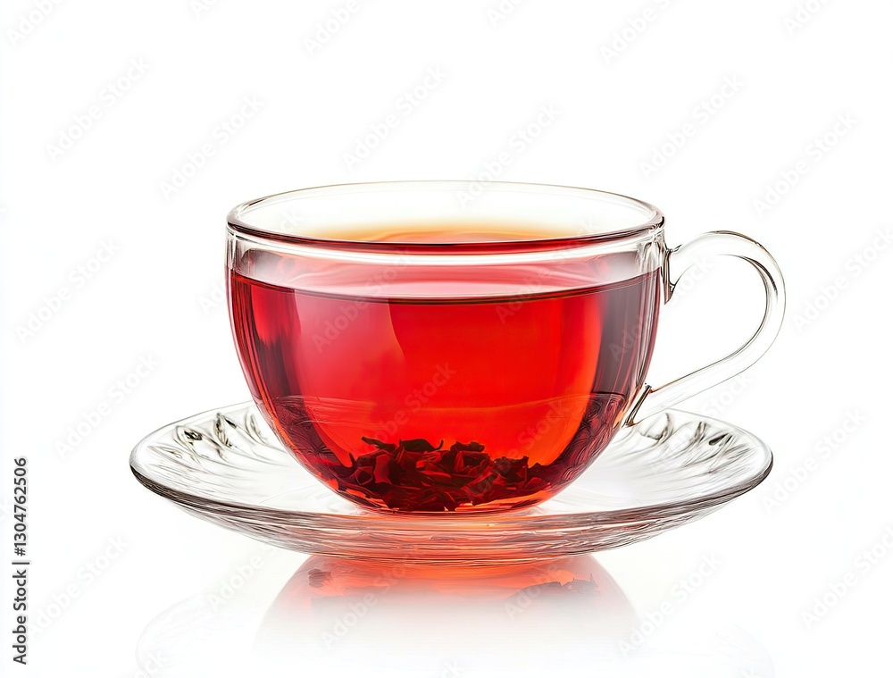 Red tea in glass cup isolated on white background. Minimalist drink photography for tea brands or cozy lifestyle content. Red tea in glass cup isolated on white background. Minimalist drink photography for tea brands or cozy lifestyle content.