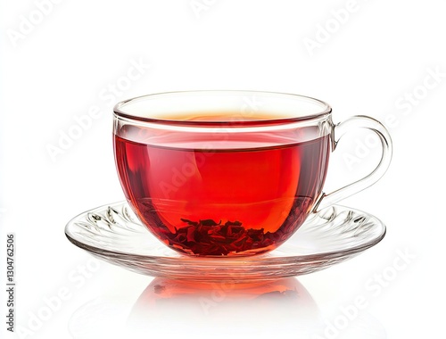 Red tea in glass cup isolated on white background. Minimalist drink photography for tea brands or cozy lifestyle content.  