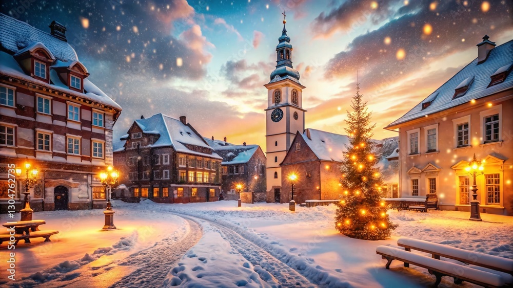 Naklejka premium Snowy Medieval Town Square, Bell Tower, Winter Wonderland - Bokeh Effect Stock Photo