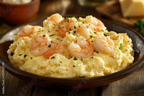 Shrimp and cheese scrambled eggs on wooden table, close-up front view. Creamy breakfast photography for brunch menus or gourmet blogs