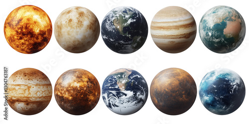 Creative set of planetary visualizations showcasing different celestial surface designs and atmospheric details, ideal for astronomy concepts, space art, and educational displays.