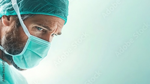 A skilled surgeon is focused and readying for an important procedure, wearing a surgical mask and cap in a sterile operating room setting