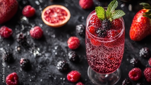 Sparkling berry cocktail on dark background; refreshing drink; assorted berries; food photography; drink image; potential use restaurant menu, social media post photo