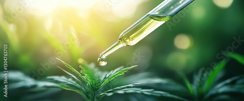 Pipette with liquid drop hovering over green plant, nature and science fusion concept. Eco-friendly photography for environmental campaigns or lab branding