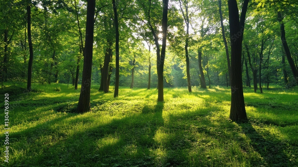 Fototapeta premium Lush green forest at dawn, sunlight filtering through trees.