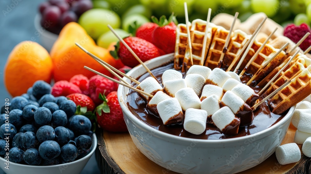 Street food concept. A colorful dessert spread featuring chocolate dip with marshmallows, waffles, and a variety of fresh fruits like strawberries, blueberries, and grapes. Street food concept. A colorful dessert spread featuring chocolate dip with marshmallows, waffles, and a variety of fresh fruits like strawberries, blueberries, and grapes.