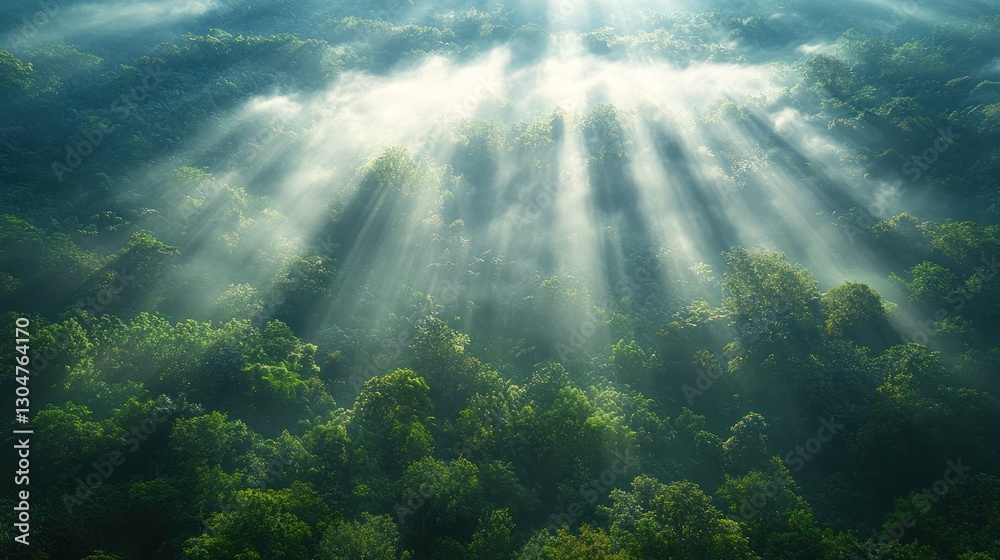 Fototapeta premium Sunbeams through morning fog over forest canopy. Possible use for nature photography