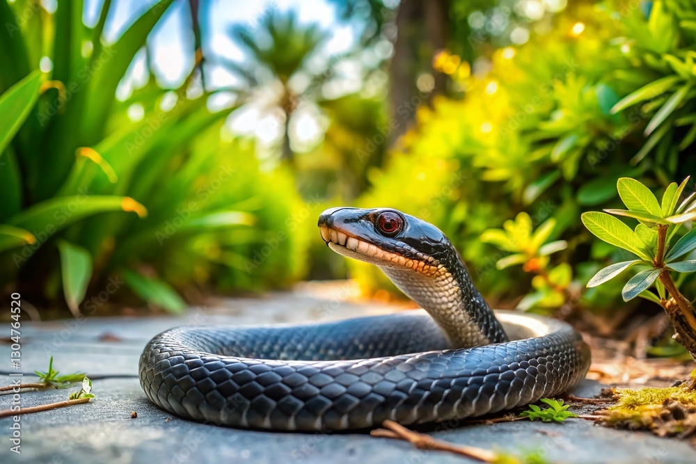 Fototapeta premium Southern Black Racer Snake in St. Augustine Florida Garden Driveway