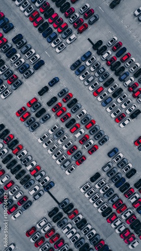 Vue aérienne d’un immense parking rempli de voitures rouges, blanches et noires