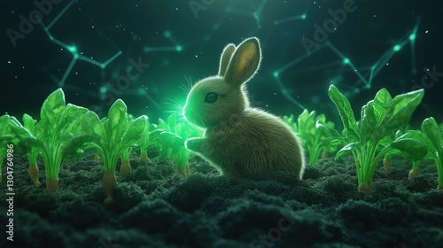 Mystical Cyber Rabbit in a Glowing Digital Garden