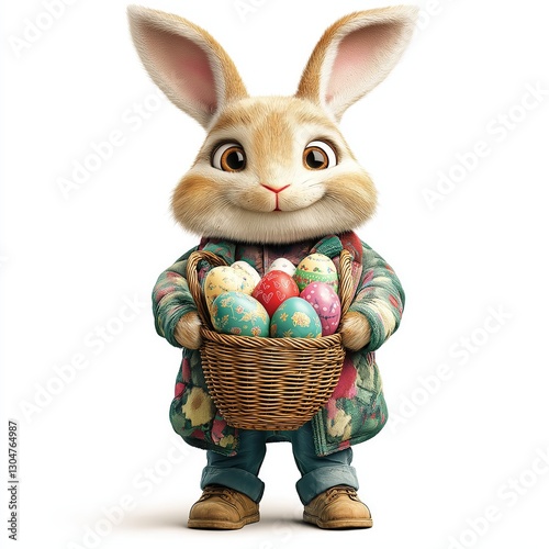 Cute Easter Bunny Holding a Basket of Colorful Eggs