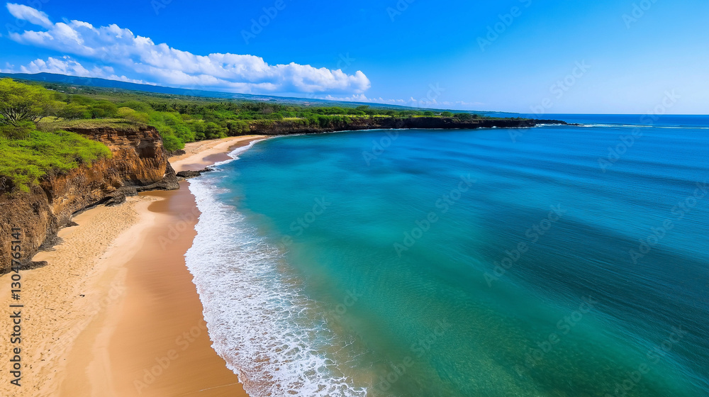Expansive view of a tropical coastline, where azure ocean waves softly embrace the warm sandy beach. The horizon glows with a golden hue, setting the scene for a calm and peaceful Expansive view of a tropical coastline, where azure ocean waves softly embrace the warm sandy beach. The horizon glows with a golden hue, setting the scene for a calm and peaceful