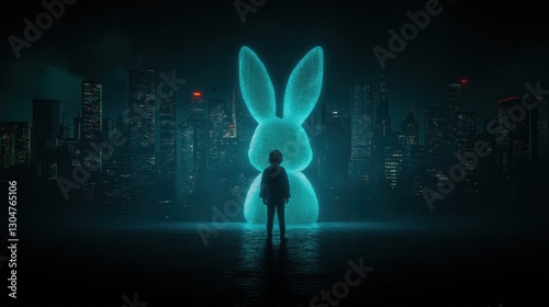Neon Glowing Rabbit in Red and Blue Light
