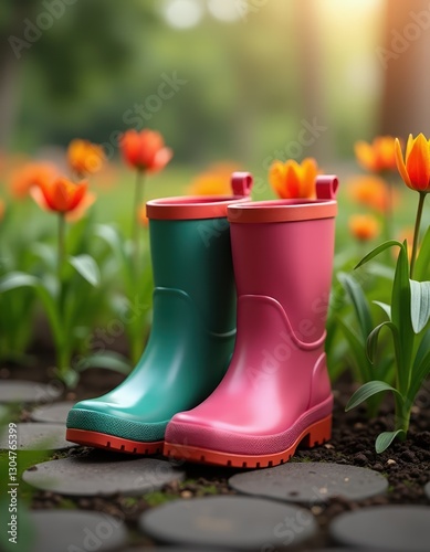 Rain Boots Placed in Garden Scene