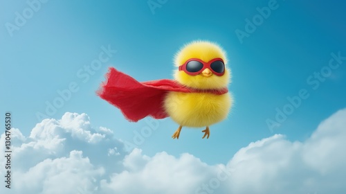 Cute superhero chick flying in the sky with red cape