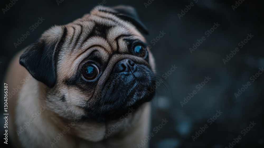 Obraz premium Adorable pug dog with a curious expression looking up against a dark background, highlighting its wrinkled face, round eyes, and distinct features. Cute small breed pet portrait concept