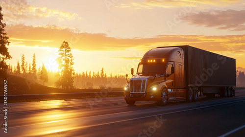 Sleek semi-truck navigating highway under sunset sky photo